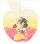  1girl apple azkrock black_hair blue_dress blue_flower blue_shirt closed_eyes commentary_request dress eating flower flower_wreath food frilled_sleeves frills fruit full_body hair_bun hand_up highres kneeling painting_(medium) plant puffy_short_sleeves puffy_sleeves red_flower red_sash sash shirt short_sleeves skirt snow_white_(fairy_tale) snow_white_(fairy_tale_character) solo traditional_media two-tone_dress watercolor_(medium) white_flower yellow_dress yellow_skirt 