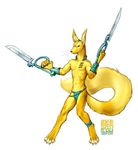  adam_wan bulge citra loincloth male necklace ring solo tattoo topless weapon yellow_fur 