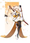  1girl black_bow black_gloves black_pantyhose blonde_hair bow commentary_request earrings fate/grand_order fate_(series) flower flower_earrings gloves grey_eyes hair_flower hair_ornament highres jewelry kabutomushi_s katana leg_up looking_at_viewer medium_hair official_alternate_costume okita_souji_(fate) okita_souji_(fgo_fes._2025)_(fate) open_mouth orange_bow pantyhose scabbard sheath simple_background smile solo sword sword_on_back tassel tassel_hair_ornament watermark weapon weapon_on_back 
