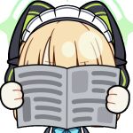  1girl animal_ear_headphones animal_ears animated animated_gif apron aqua_bow aqua_bowtie black_dress blonde_hair blue_archive blunt_bangs bow bowtie cat_ear_headphones cat_ears chibi chunye_haruya commission disembodied_hand dot_nose dress fake_animal_ears green_eyes green_halo halo headphones holding holding_newspaper jitome looking_at_viewer lowres maid maid_apron maid_headdress midori_(blue_archive) midori_(maid)_(blue_archive) missing_commentary newspaper official_alternate_costume second-party_source sidelocks simple_background solo sweatdrop transparent_background upper_body white_apron white_headdress 