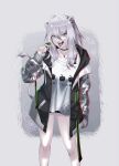  1girl absurdres animal_ears arm_at_side breasts bullet_hole candy choker clothes_writing cutoffs ear_piercing fangs feet_out_of_frame food grey_eyes grey_hair grey_jacket hair_between_eyes hand_up highres holding holding_candy holding_food holding_lollipop hololive jacket jewelry lion_ears lion_girl lion_tail lollipop long_hair long_sleeves looking_at_viewer open_clothes open_jacket open_mouth pendant piercing ryou_(monstercat_nc42) shirt shishiro_botan shorts small_breasts solo standing tail tongue tongue_out v-shaped_eyebrows virtual_youtuber white_shirt 