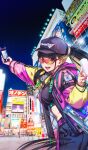  1girl :d backpack bag baseball_cap blonde_hair blunt_bangs breasts brown_hair buckle cellphone chaldea_logo commentary_request cowboy_shot crop_top earrings fanged_bangs fate/grand_order fate_(series) fingernails fox_shadow_puppet game_cg hat holding holding_phone jacket jewelry looking_at_viewer midriff moriyama_daisuke multicolored_hair night night_sky official_alternate_costume official_art open_clothes open_jacket open_mouth osakabehime_(fate) outdoors pants phone photo_background pink_eyes pink_nails ponytail purple_hat road sky smartphone smile solo streaked_hair street sunglasses teeth third-party_source unzipped upper_teeth_only zipper 