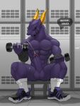 2022 3:4 abs absurd_res anthro bakugan balls big_penis blush bodily_fluids bottomwear clothed clothing cum cum_on_hand cum_on_object digital_media_(artwork) dragon dumbbell ejaculation english_text erection exercise eyes_closed footwear genital_fluids genitals hi_res holding_dumbbell holding_object horn humanoid_genitalia humanoid_penis male mostly_nude muscular muscular_anthro muscular_male mythological_creature mythological_scalie mythology onomatopoeia pantsless pecs penis percival_(bakugan) profanity purple_body purple_penis scalie sellon shoes shorts sitting sneakers socks solo sound_effects spread_legs spreading text thought_bubble topless topless_anthro topless_male weightlifting weights workout yellow_horn