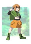  1girl absurdres artist_name belt boots cape commentary english_commentary full_body gardenia_(pokemon) green_cape green_shoes highres lace-up_boots midriff navel orange_eyes orange_hair pokemon pokemon_dppt sakurarose12 shoes short_hair solo watermark 