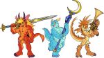 abs anthro balls belly blue_body blue_scales character_request flaccid floppy_ears foreskin genitals grin group gun hi_res horn humanoid_genitalia humanoid_penis kobold magic_user male melee_weapon muscular muscular_anthro muscular_male nude overweight pecs penis ranged_weapon red_body red_scales scales scalie smile staff sword tderek99 trio unretracted_foreskin warrior weapon yellow_body yellow_scales