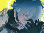  1boy aqua_eyes black_choker black_gloves blue_hair choker close-up coat collared_coat cracked_skin fingerless_gloves from_side gloves hair_between_eyes hands_on_own_face high_collar highres honkai:_star_rail honkai_(series) leaning_forward looking_down own_hands_together phainon_(honkai:_star_rail) qingyu1716 shade short_hair solo upper_body wavy_hair yellow_background yellow_blood yellow_pupils 