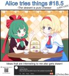  2girls alice_margatroid blonde_hair blue_dress blue_eyes blush bnelsey bow capelet closed_mouth commentary cup dress english_commentary english_text eye_contact food green_eyes green_hair hair_bow hair_ribbon hairband head_rest kagiyama_hina ko-fi_logo long_hair long_sleeves looking_at_another multiple_girls open_mouth plate qr_code red_bow red_hairband red_ribbon red_shirt red_skirt request_inset ribbon screenshot_inset shirt short_sleeves sitting skirt smile tea teacup tiered_tray touhou twitter_username white_capelet 