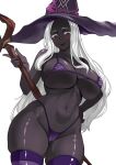  1girl absurdres alternate_costume bare_shoulders bikini black_skin blush breasts cleavage closed_mouth colored_eyelashes colored_skin dark-skinned_female dark_skin elden_ring elden_ring_nightreign hat highres holding large_hat long_hair looking_at_viewer navel purple_bikini purple_hat purple_thighhighs recluse_(elden_ring) simple_background smile solo stomach swimsuit thick_thighs thighhighs thighs white_background white_eyelashes white_hair witch witch_hat wooden_staff yuki_nee1708 