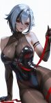  1girl alternate_breast_size arlecchino_(genshin_impact) arm_support bare_shoulders black_bodysuit black_eyes black_hair black_hands black_nails bodysuit breasts colored_extremities commentary_request covered_navel fingernails genshin_impact hair_between_eyes highres large_breasts long_fingernails multicolored_hair multicolored_nails parted_lips red_nails red_pupils short_hair simple_background solo symbol-shaped_pupils two-tone_hair white_background white_hair wo_jiushi_kanbudong x-shaped_pupils 