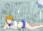  1girl 1other anger_vein bag_of_chips banana_peel bare_legs bed blanket blue_ribbon blue_shirt blue_skirt bone book bored bottle brown_hair can cellphone chopsticks cigarette curtains double_v drink_can earrings highres holding holding_cigarette holding_phone indoors jewelry knocking koizumi_hanayo kyousaru long_sleeves looking_at_phone love_live! love_live!_school_idol_project messy_room miniskirt neck_ribbon on_floor open_mouth otonokizaka_school_uniform pants partially_colored phone pillow plaid_clothes plaid_skirt pleated_skirt ribbon school_uniform shirt short_hair skirt smartphone smile smoke socks stud_earrings summer_uniform sweater_vest translated trash trash_bag v white_shirt yellow_sweater_vest 