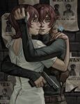  2girls absurdres arm_around_back arm_around_neck bag bags_under_eyes belt blue_eyes brick_wall brown_hair clone constricted_pupils crying crying_with_eyes_open double-parted_bangs dress dual_persona english_text flower forget-me-not_(flower) gun hair_between_eyes hand_on_another&#039;s_head hand_on_another&#039;s_shoulder handgun highres holding holding_flower holding_gun holding_weapon hug looking_at_viewer multiple_girls original photo_(object) short_hair shoulder_bag silverheather tears upper_body wanted_poster weapon white_dress 