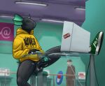 anthro balls big_balls bodily_fluids bored bottomless clothed clothing computer electronics erection exhibitionism furniture genital_fluids genitals grand_theft_auto grand_theft_auto_iii hoodie humanoid_genitalia humanoid_penis lizard male mammal masturbation penile penile_masturbation penis precum public public_masturbation reptile rockstar_games saggy_balls scalie solo tall_(tall_lizzard) tall_lizzard_(artist) topwear