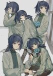  1boy absurdres animal_on_shoulder bird bird_on_shoulder black_shirt blue_bow blue_eyes blue_flower blue_hair bouquet bow brown_pants cardfight!!_vanguard closed_mouth commentary_request dot_nose elbows_on_table feet_out_of_frame flower flower_to_mouth from_behind grey_hair grey_jacket grey_socks happy highres holding holding_bouquet interlocked_fingers jacket leaning leaning_forward long_hair long_sleeves looking_at_viewer low_ponytail male_focus morgue_(southsakura) multiple_views one_side_up open_clothes open_jacket own_hands_clasped own_hands_together pants ponytail sendou_aichi shirt simple_background smile socks turtleneck turtleneck_shirt white_bird window 