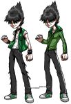 1boy alternate_costume black_hair black_pants blunt_bangs butch_(ppg) green_eyes green_hoodie green_shoes green_vest highres hood hoodie looking_at_viewer male_focus pants parted_bangs powerpuff_girls propimol shirt shoes sneakers solo spiked_hair standing vest white_background white_shirt white_shoes 