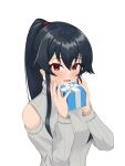  1girl absurdres alternate_costume bare_shoulders black_hair box clothing_cutout commentary_request gift gift_box grey_sweater highres kantai_collection klashikari long_hair ponytail red_eyes sidelocks simple_background smile solo sweater upper_body white_background white_day yahagi_(kancolle) 