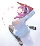  1girl absurdres arknights ass bare_shoulders black_pantyhose blue_eyes chinese_commentary ciexbiet closed_mouth commentary_request dress from_above full_body head_back highres looking_at_viewer medium_hair mouth_hold multicolored_eyes off_shoulder pantyhose pink_hair purestream_(arknights) purple_eyes see-through_clothes sitting soles solo two-tone_eyes wariza white_background white_dress 