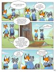 ailurid anthro art_(pandapaco) bed bedroom biro_(pandapaco) bottomwear canid canine cheek_tuft clothed clothing comic detailed_background dialogue dipstick_tail dirty english_text eyewear facial_tuft feet_together footwear fox fully_clothed furniture gloves_(marking) hi_res hug jacket male mammal markings mud mud_covered murid murine notebook pandapaco park plant procyonid raccoon rodent shoes smile speech_bubble swing tail tail_markings text topwear tree tuft