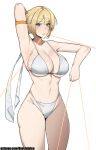  1girl arm_behind_head arm_strap armpits bikini blonde_hair breasts cleavage dr_octojuice english_commentary evelyn_chevalier hair_bun highleg highleg_bikini highres large_breasts looking_at_viewer mouth_hold navel patreon_username purple_eyes short_hair solo string swimsuit white_background white_bikini zenless_zone_zero 