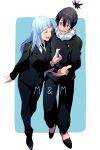  1boy 1girl :d black_jacket black_necktie black_suit blue_hair blush echo_(circa) formal_clothes full_body gakuran jacket jujutsu_kaisen jujutsu_tech_uniform long_hair long_sleeves miwa_kasumi muta_kokichi necktie open_mouth pant_suit pants scar scar_on_cheek scar_on_face school_uniform shirt smile suit topknot white_shirt 