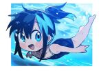  1girl :d ass black_hair blue_eyes blue_hair flat_chest itoriyo lowres medium_hair ponytail raisei_no_ryu_tsukai sidelocks sketch smile sorano_minori swimming swimsuit water 