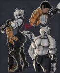 anthro arm_belt arms_on_shoulders belt big_bulge big_butt blouse bottomwear brown-skinned_male brown_eyes bulge butt butt_grab clothing collar duo fur giovannilol19 giow_(giovannilol19) hand_on_butt hands_behind_back happy harness hi_res hug huge_bulge huge_butt kissing kissing_hand male male/male mechanical_leg mechanical_parts mihoyo muscular nipples pants pecs red_eyes ring serious serious_face simple_background size_difference tail thick_thighs topwear victoria_housekeeping von_lycaon white_body zenless_zone_zero