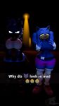 3d_(artwork) angry anthro bandage bandaged_arm belt blue_body blue_eyes blue_skin boots bottomwear brown_body brown_skin canid canine canis city city_background clothed clothing collar digital_media_(artwork) duo ear_piercing eulipotyphlan fan_character female footwear gesture gloves hair hand_gesture handwear hedgehog hi_res juicyducksfm legwear long_hair looking_at_viewer mammal meme night panties piercing sega shirt shoes shorts smiley_(juicyducksfm) socks sonic_the_hedgehog_(series) source_filmmaker_(artwork) standing stockings text tilver_the_wolf topwear underwear wolf yellow_eyes