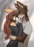 2025 anthro anthro_on_anthro brown_body brown_fur brown_hair canid canine canis clothed clothed_anthro clothed_female clothed_male clothing cotton_(yshanii) countershade_torso countershading digital_media_(artwork) dingo domestic_dog duo ear_piercing eyes_closed female fur gauged_ear hair hi_res male male/female mammal piercing shirt side_view simple_background standing t-shirt tinygaypirate tinygaypirate_(fursona) topwear