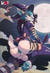 2024 anthro anus artist_name blep blue_anus blue_eyes blue_hair blue_pawpads blue_tongue broom broom_riding cleaning_tool closed_smile clothing dated dotted_background eyewear fangs fur glasses hair hat headgear headwear hi_res looking_at_viewer male male_anthro moon mouth_closed night outside pattern_background pawpads presenting presenting_anus presenting_balls purple_clothing purple_hat purple_headwear purple_topwear simple_background slight_smile smile solo striped_arms striped_legs teeth text tongue tongue_out topwear vesper_art white_body white_fur witch_hat