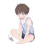  1boy absurdres black_shorts blue_eyes blush brown_hair collarbone commentary_request drinking_straw grey_shirt highres juice_box kiino_(keeeno_7th) lower_teeth_only male_focus open_mouth original shirt short_hair shorts simple_background sitting sleeveless sleeveless_shirt solo tan tank_top tanlines teeth white_background 