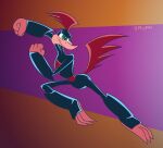 2023 anthro artist_name avian beak bird black_bodysuit black_clothing black_skinsuit bodysuit clothing cuculiform digital_media_(artwork) gavanzude gloves green_eyes hair half-closed_eyes handwear hi_res loonatics_unleashed looney_tunes male narrowed_eyes new_world_ground_cuckoo orange_beak pose red_bodysuit red_clothing red_gloves red_hair red_handwear red_skinsuit red_tail rev_runner roadrunner skinsuit smile solo tail text tight_clothing warner_brothers