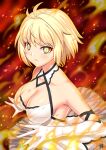  1girl arcueid_brunestud bare_shoulders blonde_hair breasts cleavage closed_mouth dress elbow_gloves fiery_background fire gloves glowing glowing_eyes guriguri_(arayotto4351) highres large_breasts looking_at_viewer short_hair slit_pupils solo tsukihime white_dress white_gloves yellow_eyes 