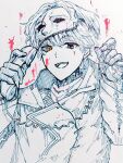  1boy :d blood blood_on_face blue_eyes coat corded_phone gloves hands_up heterochromia holding holding_phone looking_at_viewer male_focus mask mask_on_head monochrome official_alternate_costume ohuman pen_(medium) phone reverse:1999 short_hair smile solo spot_color traditional_media upper_body x_(breathing_in_silence)_(reverse:1999) x_(reverse:1999) yellow_eyes 