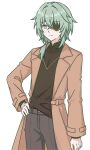  1boy anaxa_(honkai:_star_rail) black_shirt blue_eyes brown_coat coat commentary cowboy_shot english_commentary eyepatch green_hair grey_pants hair_intakes hand_on_own_hip highres honkai:_star_rail honkai_(series) long_sleeves male_focus pants prickly-chan_(ycactussprout) shirt short_hair simple_background solo standing white_background 