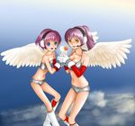  artist_request bikini blue_eyes boots breasts cloud flat_chest flight_airplanes gloves headset heart japan_airlines large_breasts multiple_girls purple_hair sky swimsuit wings yellow_eyes 