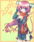  2008 animal_ears blue_eyes blue_nails chinese_zodiac elbow_gloves gloves long_hair mitake_eiru mouse_ears mouse_tail nail_polish new_year original pink_hair scarf solo tail year_of_the_rat 