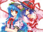  blue_hair capelet food fruit hat hinanawi_tenshi holding holding_food holding_fruit long_hair multiple_girls nagae_iku peach red_eyes riv smile touhou translated 