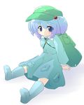  backpack bag blue_eyes blue_hair hair_bobbles hair_ornament hat kawashiro_nitori oka_(bananashoe) short_hair sitting solo touhou two_side_up 