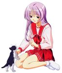  artist_request cat himekawa_kotone kneeling purple_eyes purple_hair school_uniform serafuku solo to_heart 