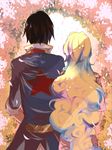  1girl arch bad_id bad_pixiv_id black_hair blonde_hair blue_coat couple curly_hair facing_away floral_arch flower from_behind height_difference hetero kiui long_hair long_sleeves nia_teppelin popped_collar side-by-side simon sleeves_rolled_up star star_print tengen_toppa_gurren_lagann upper_body 