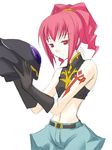  anya_alstreim bare_shoulders belt buckle closed_mouth code_geass cowboy_shot expressionless headwear_removed helmet helmet_removed holding looking_at_viewer midriff red_eyes red_hair ribi short_hair simple_background solo tattoo white_background zero_(code_geass) 