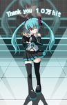  aqua_hair boots cosplay detached_sleeves fingerless_gloves gloves hatsune_miku hatsune_miku_(cosplay) heart heart_hands kaname_nagi kooh long_hair navel one_eye_closed pangya red_eyes solo thigh_boots thighhighs twintails vocaloid zettai_ryouiki 