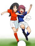  a1 ball black_hair constricted_pupils kaleido_star kneehighs may_wong multiple_girls naegino_sora playing_sports purple_hair running shorts soccer soccer_ball socks sport white_soccer_ball 