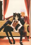  1girl archer black_hair blue_eyes book couch dark_skin dark_skinned_male fate/stay_night fate_(series) highres long_hair pantyhose shirotsumekusa sitting toosaka_rin two_side_up white_hair window 