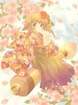  brown_eyes brown_hair calligraphy_brush camellia cherry_blossoms copyright_request floral_print flower giant_brush japanese_clothes kimono paintbrush solo yukise_miyu 