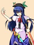  bad_anatomy bad_id bad_pixiv_id blue_hair food fruit hat hinanawi_tenshi long_hair peach solo sword sword_of_hisou touhou weapon 