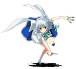  between_fingers bow braid fighting_stance hair_bow izayoi_sakuya knife large_bow maid miya_(tsumazukanai) red_eyes shadow silver_hair simple_background solo standing standing_on_one_leg staring touhou twin_braids 