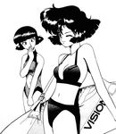  absurdres bikini bubblegum_crisis greyscale highres irene_chang monochrome multiple_girls non-web_source one-piece_swimsuit one_eye_closed reika_chang siblings sisters sonoda_ken'ichi surfboard swimsuit 