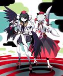  bad_id bad_pixiv_id black_hair black_wings geta hat highres inubashiri_momiji long_skirt multiple_girls notebook pen ribbon sarashi shameimaru_aya shield short_hair skirt sword tengu-geta touhou tsuru_(clainman) weapon white_hair wings 