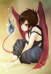  bad_id bad_pixiv_id barefoot brown_hair fire original red_eyes red_wings sheepme short_hair sitting solo tail tail-tip_fire wings 