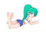  1girl aqua_eyes barefoot camisole charu_(saru_getchu) denim denim_shorts feet green_hair long_hair lying on_stomach ponytail robot_ears robot_joints saru_getchu shorts solo tank_top 